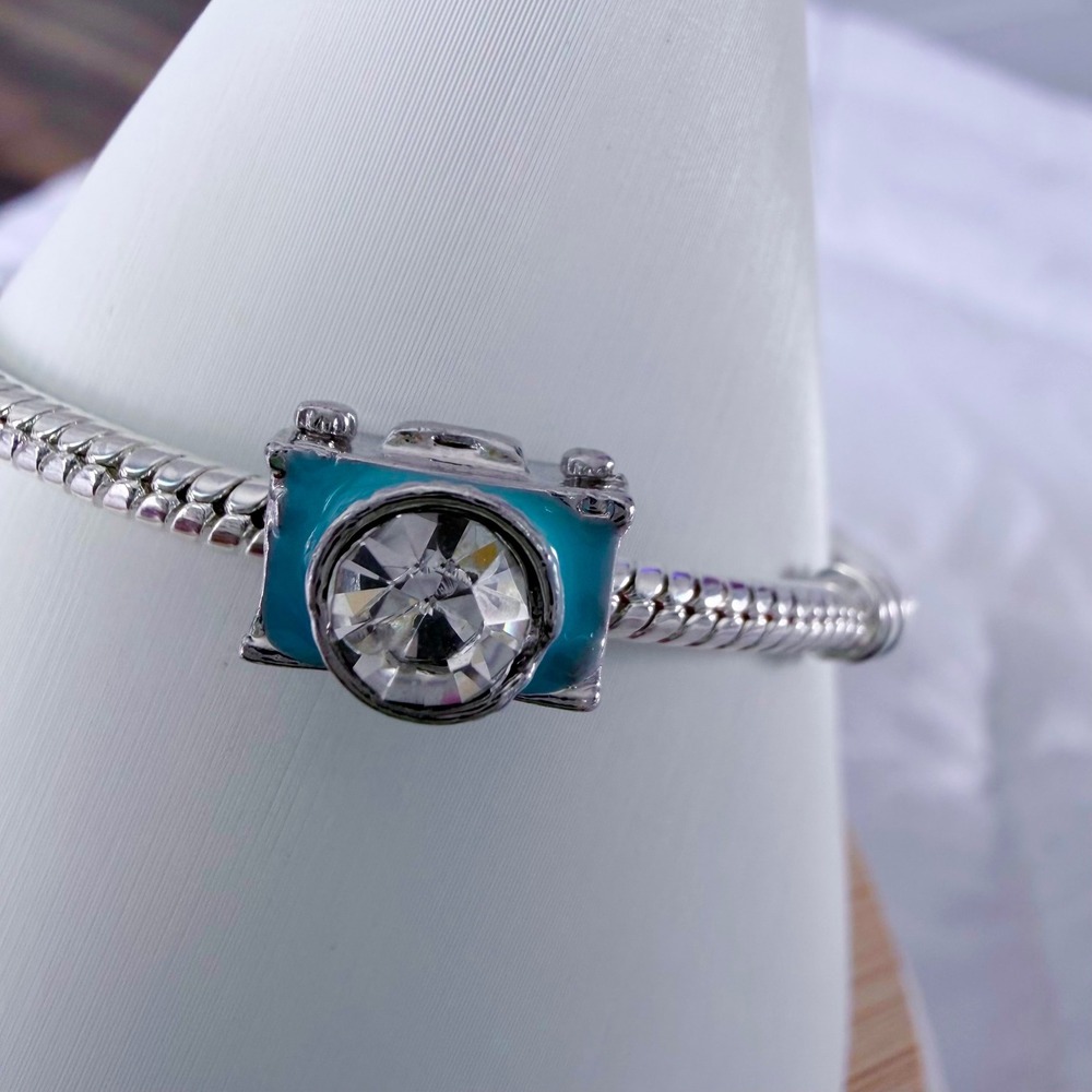 Silver Camera Bead Charm Blue Enamel Crystal Fits Snake Chain Bracelet - Picture 3 of 9
